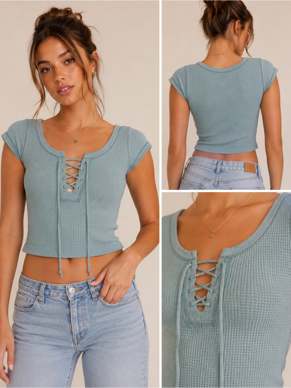 Urban Outfitters Sage Lace-Up Waffle Knit Crop Top